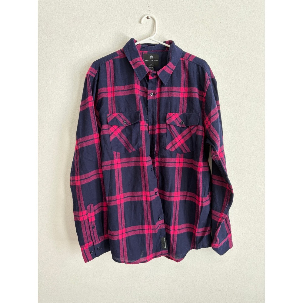 Shouthouse Mens XL Flannel Button Down Shirt Navy Blue Pink Plaid Long Sleeve